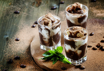 Chocolate dessert with ice cream and mint, selective focus
