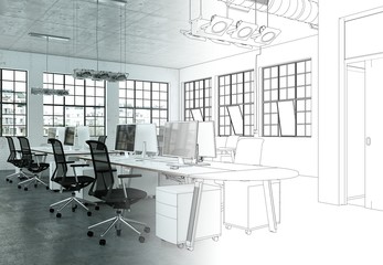 Entwurf Großraumbüro im Loft