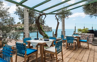 Papier Peint photo Lavable Restaurant Restaurant de luxe terrasse vue mer