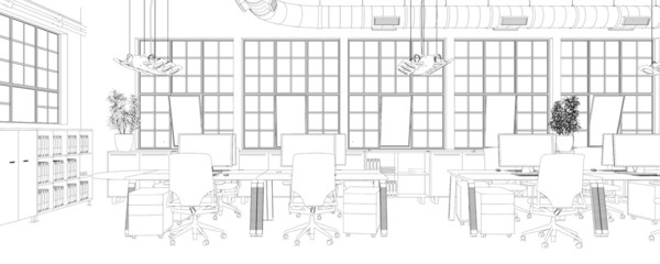 Entwurf Großraumbüro im Loft