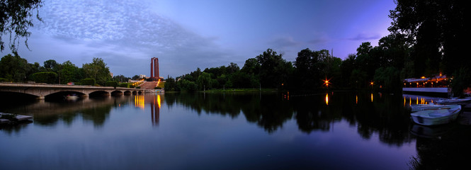 BUCHAREST, RO, MAY 2015:  Carol Park panorama reflection.