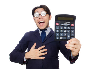 Funny man with calculator isolated on white