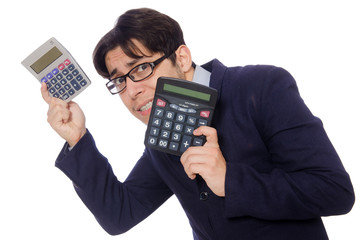 Funny man with calculator isolated on white