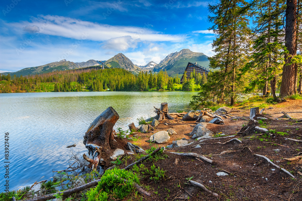 Wall mural Alpine mountain lake in Vysoke Tatry,Strbske Pleso,Slovakia