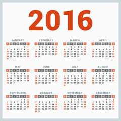 Calendar for 2016 on White Background. Week Starts Sunday