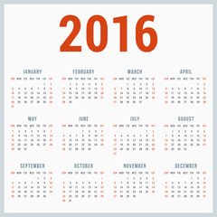 Calendar for 2016 on White Background. Week Starts Sunday