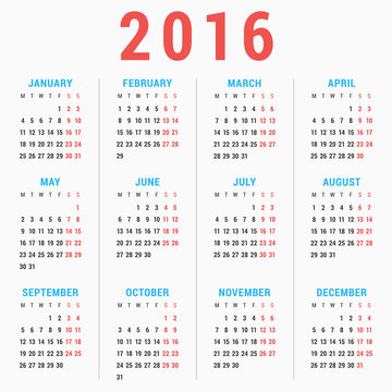 Calendar for 2016 on White Background. Week Starts Monday