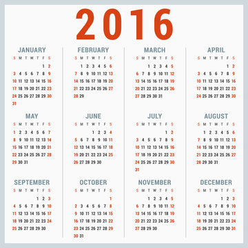 Calendar for 2016 on White Background. Week Starts Sunday