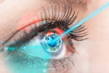 Naklejka premium Close-up kobiety oko z medycyną laserową.