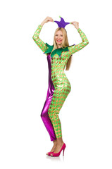 Woman wearing clown costume isolated on white