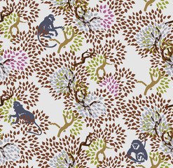 Abstract floral seamless pattern. Trees and monkeys. Exotic wood