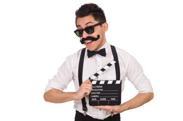 Whiskered young man with clapperboard isolated on white