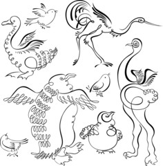 Set of line drawings of birds