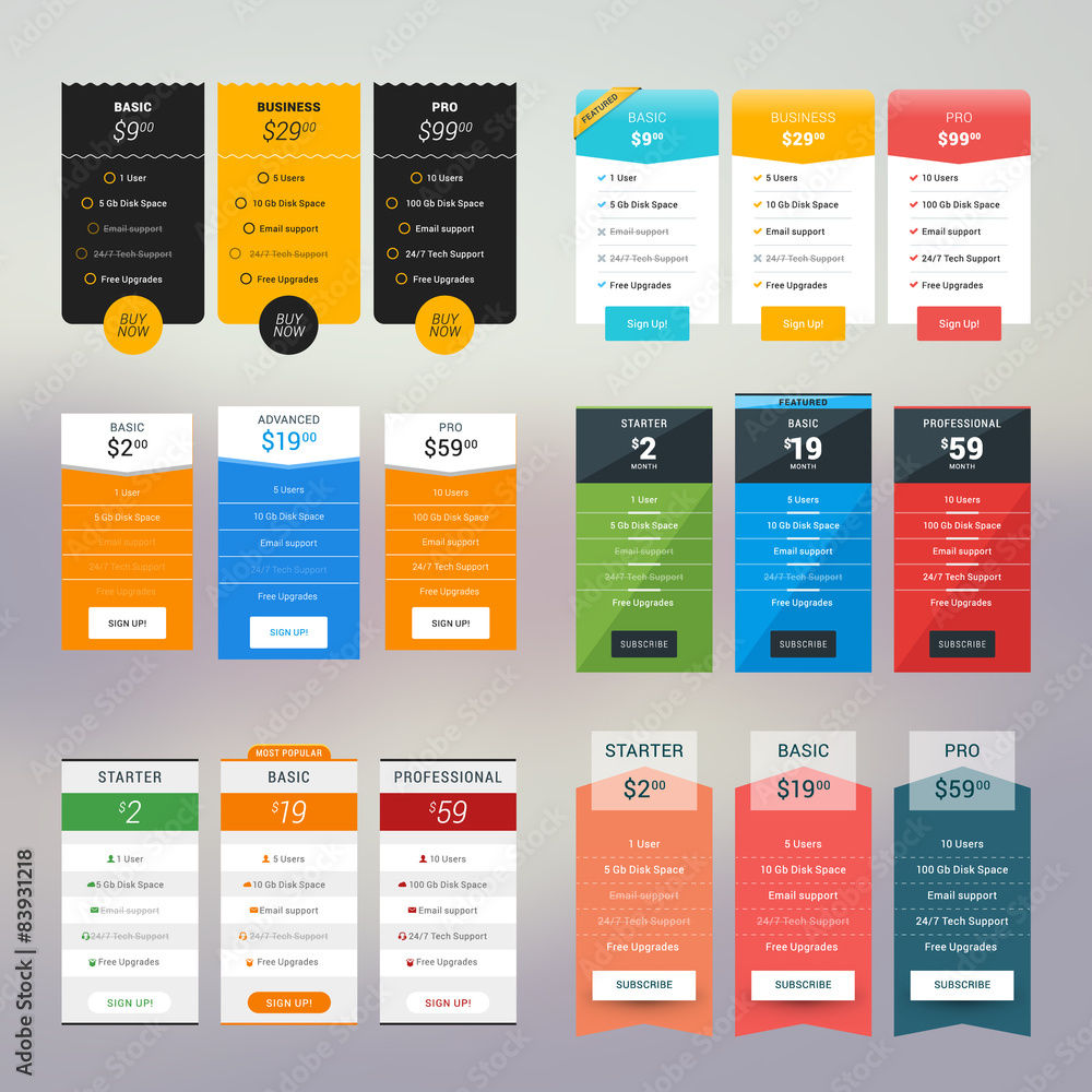 Wall mural vector pricing table in flat design style for websites