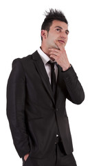 man with black suit thinking