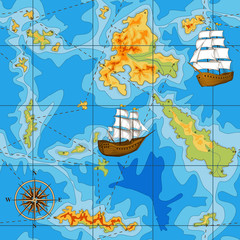 seamless map with a compass and ships