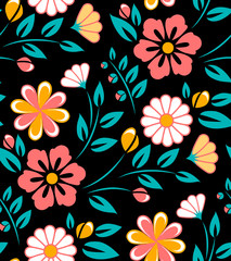 Seamless spring flower pattern on black background. Ukrainian