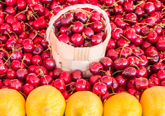Basket of cherries in a cherry background