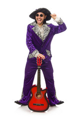 Man in funny clothing holding guitar isolated on white