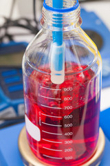 Bottle with red fluid in laboratory