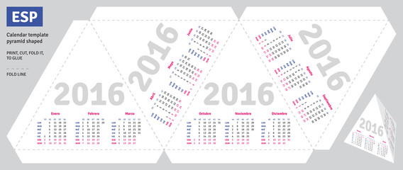 Template spanish calendar 2016 pyramid shaped 