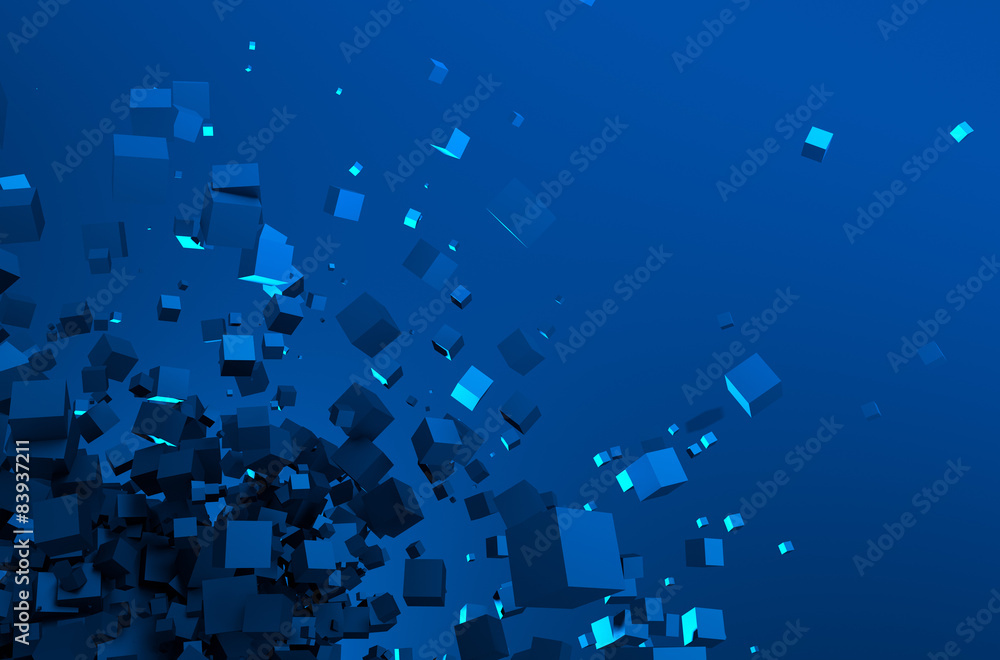 Poster abstract 3d rendering of flying cubes.