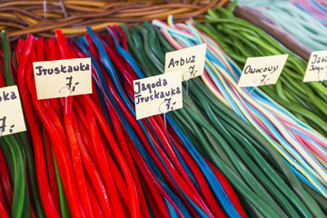 Market stall full of candys in Poland.