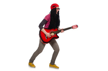 Woman guitar player isolated on white