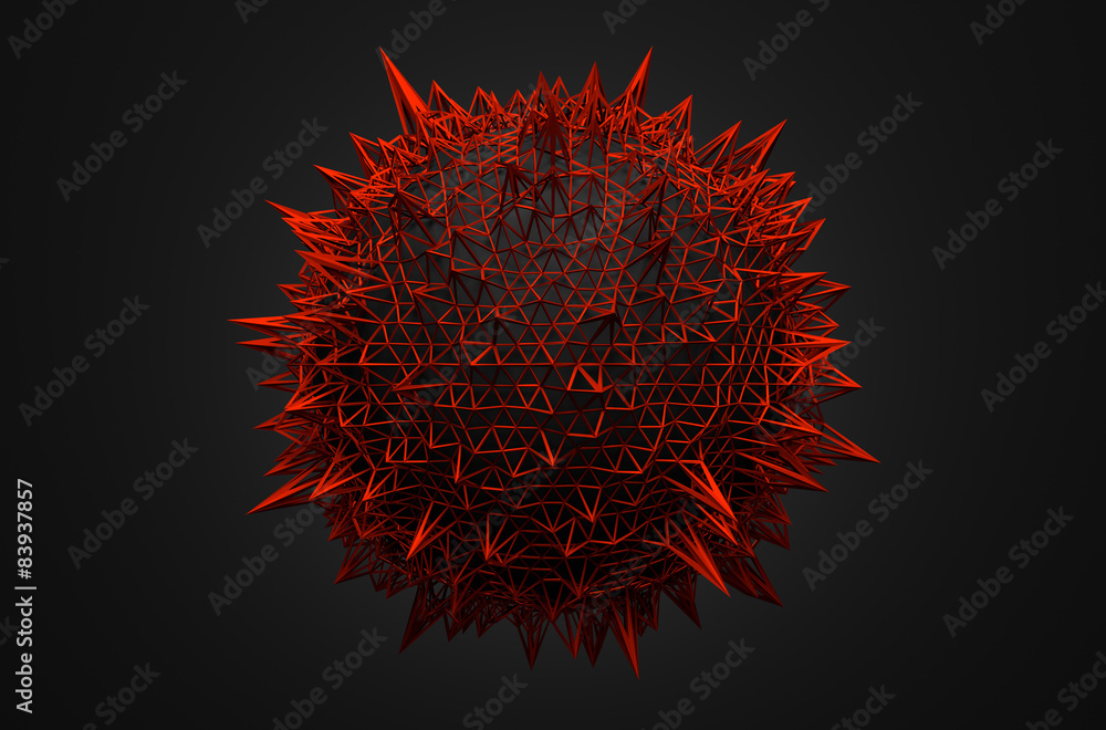 Poster abstract 3d rendering of sphere with chaotic structure.