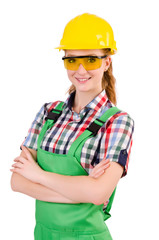 Female handyman in overalls isolated on white