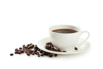 Cup of coffee with coffee beans isolated on white