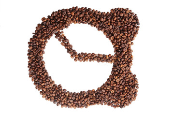 Coffee beans in clock symbol isolated on white
