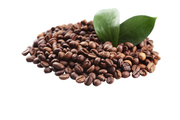 Coffee beans and leaves isolated on white