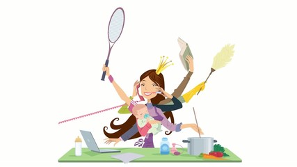 Flash animation movie loop of busy woman and mother multitasking - Powered by Adobe