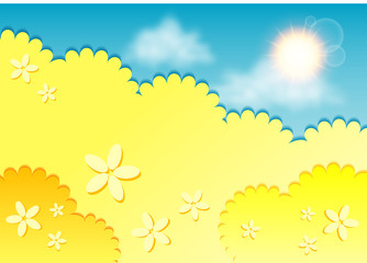 Fototapeta na wymiar Kiddie background for text. Meadow of yellow flowers on blue sky