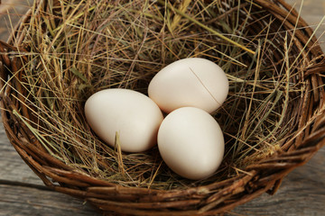 Eggs in basket on wooden background