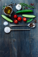 ingredients on dark wooden table 