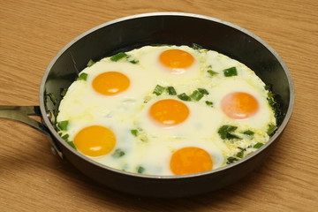 Eggs over easy on a pan
