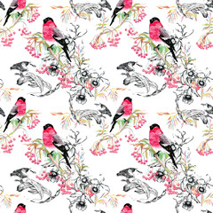 Fototapeta premium Seamless pattern with summer herbs and birds. Watercolor