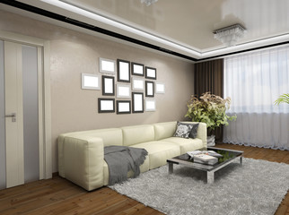 3D illustration of design of a living room in beige tones