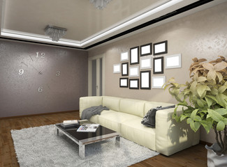3D illustration of design of a living room in beige tones