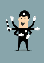 Policeman  in uniform with many hands