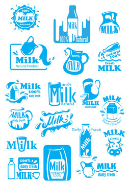 Milk blue labels and icons with splashes