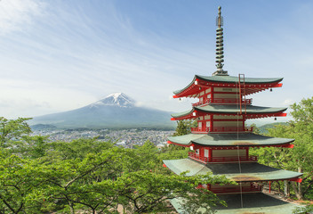 Travel destination - Mt. Fuji with red pagoda in Spring, Fujiyos