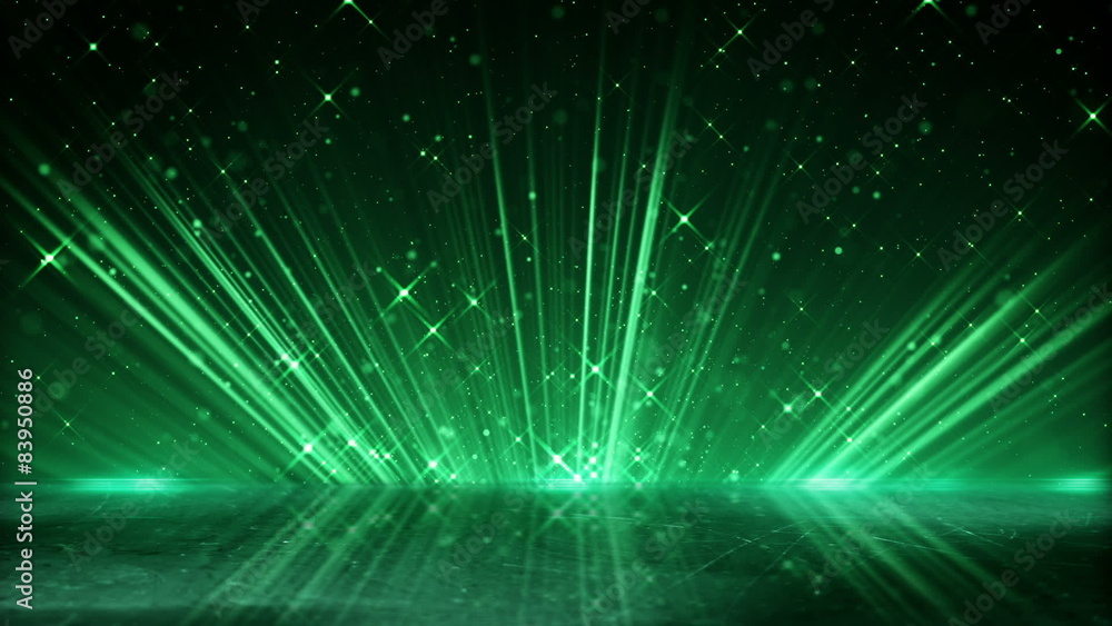 Poster green light beams and shimmering particles loopable background