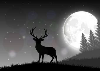 Fototapeta premium Silhouette of a deer standing on a hill at night with moon