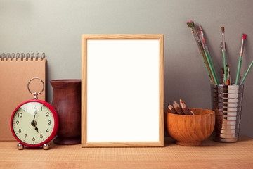 Poster mock up template with brushes and retro objects