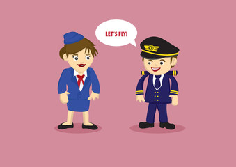 Pilot and and Air Stewardess Vector Cartoon Illustration