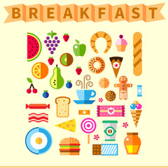 Good breakfast flat icon set in the morning