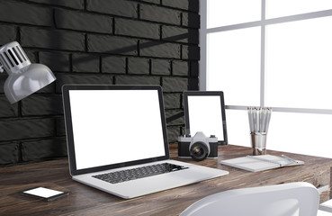 3D illustration laptopand work stuff on table near brick wall